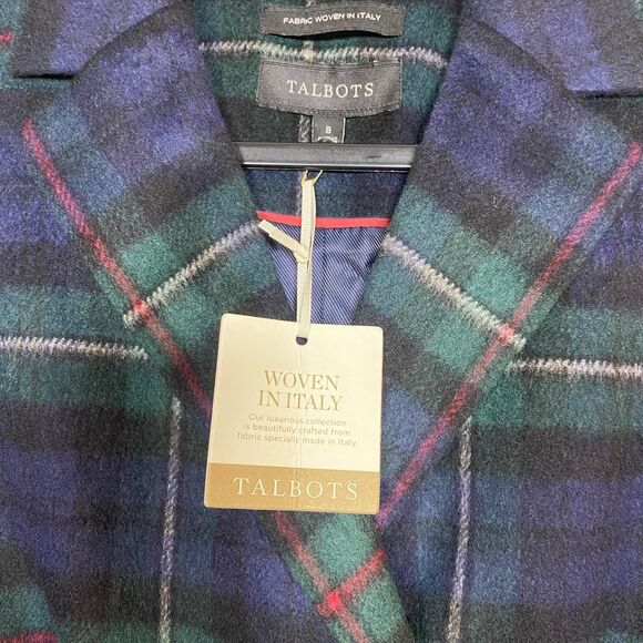 Talbots Womens Italian Wool Plaid Double Breasted Blazer Navy Green Tartan Sz 8 - Picture 5 of 10